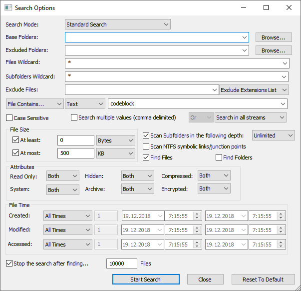 Search files by content text or binary