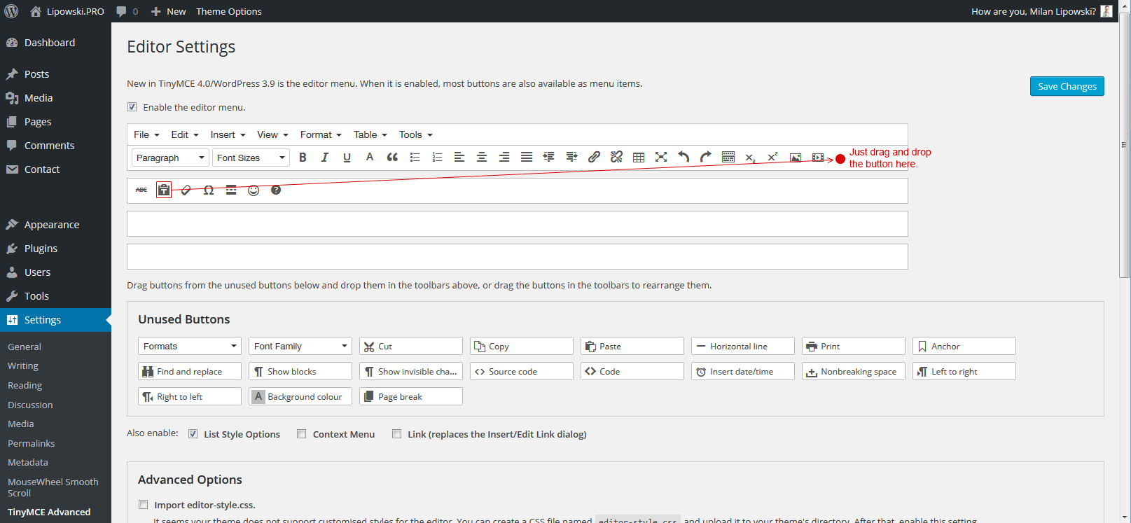 tinymce drag and drop button